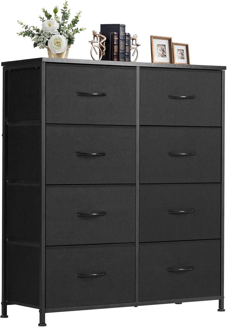 DUMOS 8 Drawer Dresser for Bedroom, Fabric Storage Organizer with Sturdy Metal Frame, Wooden Top Chest of Drawers for Closet Entryway Guest Room,Matte Black (11.8"D x 31.5"W x 36.3"H (8 Drawers))