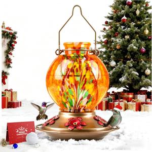 BOLITE Hummingbird Feeder, Hand Blown Glass Hummingbird Feeders for Outdoors Hanging, with Ant Moat and 5 Feeding Ports, 20 Ounces, Meshy Texture Ball Shape Bottle, Orange, Gifts for Women Men