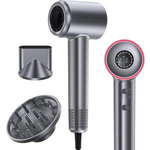 Hair Dryer, 150,000 RPM Motor Negative Ionic Hairdryer with Diffuser, 1400W High-Speed Hair Dryer for Fast Drying, 5 Temps 3 Speeds Lightweight Blow Dryer for Home Salon Women Men (Dark Silver)