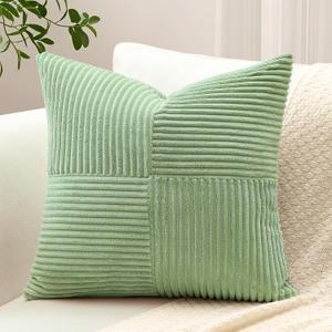 OTOSTAR Set of 1 Decorative Throw Pillow Cover Soft Corduroy Solid Square Pillow Cases Farmhouse Boho Striped Cross Patchwork Textured Cushion Cover for Sofa Car Bed Living Room 24x24 Inch, Sage Green