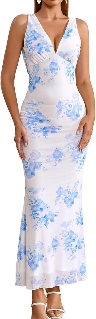 GLNEGE Women's Summer Floral Bodycon Maxi Dress Sexy Backless V Neck Wedding Guest Dresses 2025 (Blue, XL)