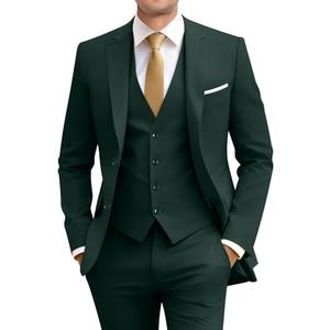 Mens Slim Fit 3 Piece Suit Set With Jacket, Vest, Pants and Tie - Dark Green Wedding Tuxedo for Prom and Homecoming L