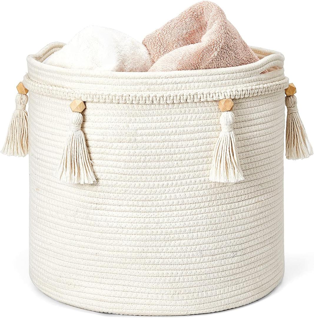 Mkono Macrame Decorative Cotton Rope Basket Boho Cute Woven Tassel Closet Storage Bins Organizer for Nursery,Baby Toys,Blankets,Magazines, Potted Plants Cover,Living Room,Bedroom Home Decor 15"x 14"