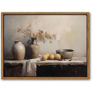 Kitchen Wall Art, Vintage Jar Still Life Canvas Print, Rustic Farmhouse Floating Framed Artwork, Fruit Botanical Decor for Dining Room 16x24 Ready to Hang