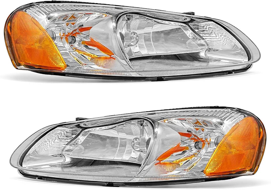 Headlight Assembly for 2001-2003 Chrysler Sebring/2001 2002 2003 2004 2005 2006 Dodge Stratus Sedan Chrome Housing Amber Reflector Headlamp Replacement Driver and Passenger Side