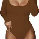 BelleLovin Women's Square Neck Long Sleeve T-shirt Basic Bodysuit Jumpsuits (Medium, Brown)