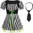 IBAKOM Women Cow Print Halloween Dress with Headpiece Bow Tie Red Plaid Puffy Sleeve Suspender Milk Maid Overall Dress (Black, XS)