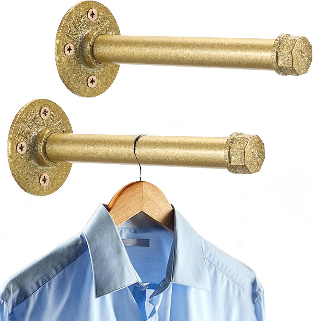 Sumnacon 2 Pcs 8 Inch Industrial Pipe Clothes Bar - Heavy Duty Rustic Metal Coat Hanger with Screws,Wall-Mounted Garment Holder Rack for Bedroom Bathroom Wardrobe Boutique Clothing Store, Gold