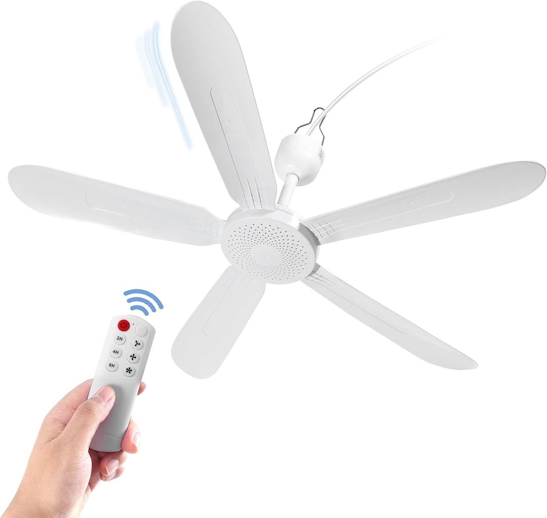Mengnessly 28" Inch Ceiling Fan AC 110V/DC 12V Indoor Outdoor Gazebo Electric Fans for Tent with Remote Control Portable Hanging Plug in No Light White Bedroom Porch Quiet Small Room RV Garage Dorm