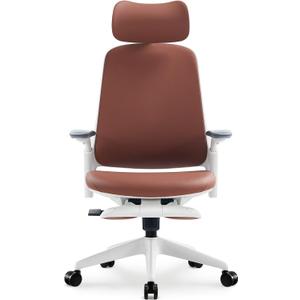 Sunaofe Boss Pro Leather Ergonomic Office Chair with Footrest - Executive Chair, 4D Armrests, Adaptive Lumbar, 125° Recline, 300lb Capacity, White Frame/Dark Brown