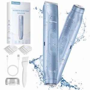 2 in 1 Women Electric Shaver Dual Head Bikini Trimmer for Women IPX7 Waterproof Wet & Dry Use Body Hair Trimmer and Facial Hair Remover for Bikini Underarm Leg Arm Body Face, Blue