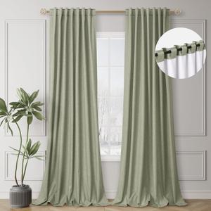 BOODII Sage Green 102 Inch Long Curtains Blackout for Bedroom Thermal Insulated Back Tab 100% Block Out Nursery Curtains 2 Panels Set Modern Aesthetic Linen Curtain Light Heat Blocking Room Darkening, 