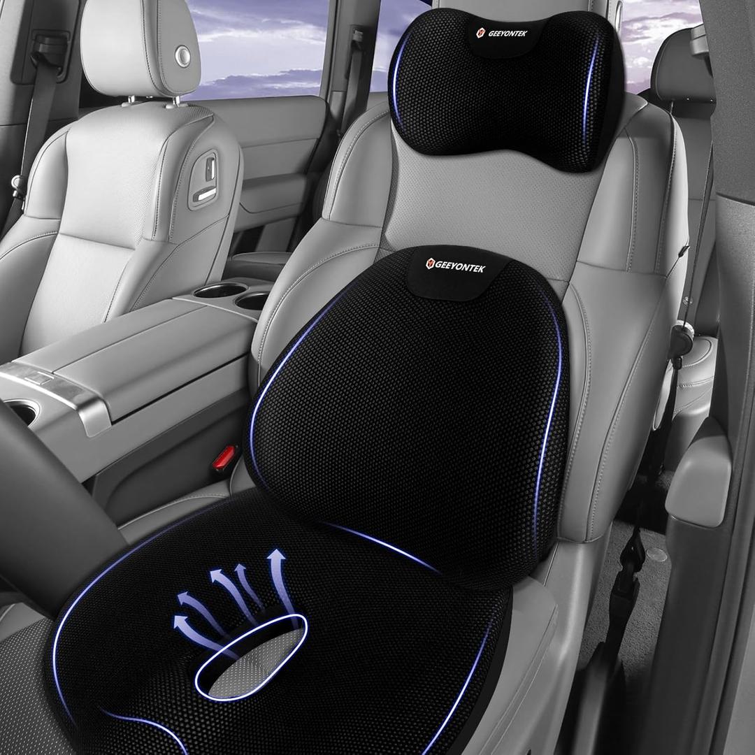 Car Seat Cushion and Lumbar Support Headrest Pillow Mesh Cover Memory Foam Ergonomic Car Cushion Back Neck Support Pillow Sciatica & Back & Tailbone Pain Relief Pillow Black