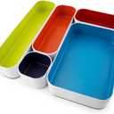 Three by Three Seattle 5 Piece Metal Organizer Tray Set for Storing Makeup, Stationery, Utensils, and More in Office Desk, Kitchen and Bathroom Drawers (2 Inch, Assorted Colors)