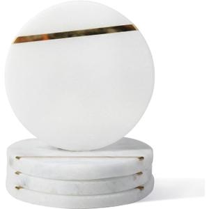 Koville Marble Coaster Set of 4, Round Coasters, 4" Stone Coaster for Drinks Coffee, White Marble with Gold Brass Coasters for Coffee Table Home Bar Decor, Heat Resistant, Gift Choice