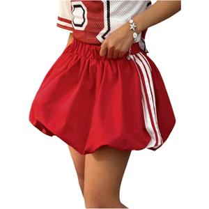 Girl's Striped A Line Bubble Skirts Elastic Waist Y2K Puffy Summer Mini Skirt (Red)