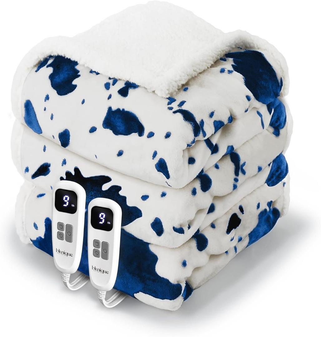Heated Blanket Queen Blanket - Fast Heating Electric Blanket, Soft Flannel Heated Queen with 4 Time Settings,10 Heating Settings, Warm Gifts for Women & Mom & Grandma(84"x90"Cow Print Blue) (06 - Blue Ombre-white)