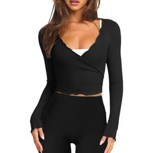 LASLULU Womens Tie Front Wrap Tops Long Sleeve Bolero Shrugs Crop Cardigan Yoga Ballet Cover-up Tops Pilates Outfits (Medium, Black)