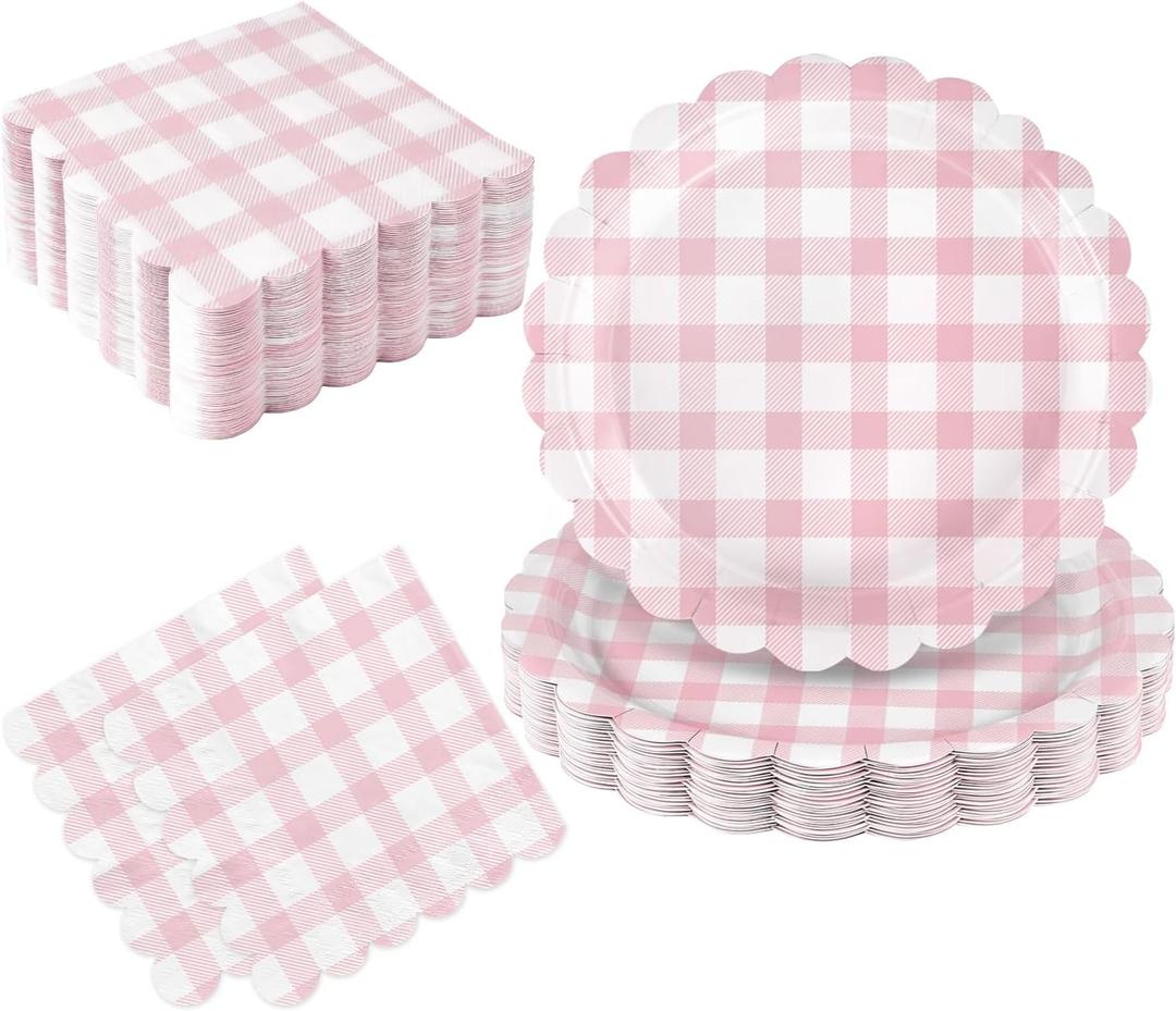 Oigco 50 Pcs Pink Plates and Napkins, Disposable Light Pink Scalloped Paper Plates & Napkins for Wedding Bridal Shower Birthday Baby Shower, Serves 25