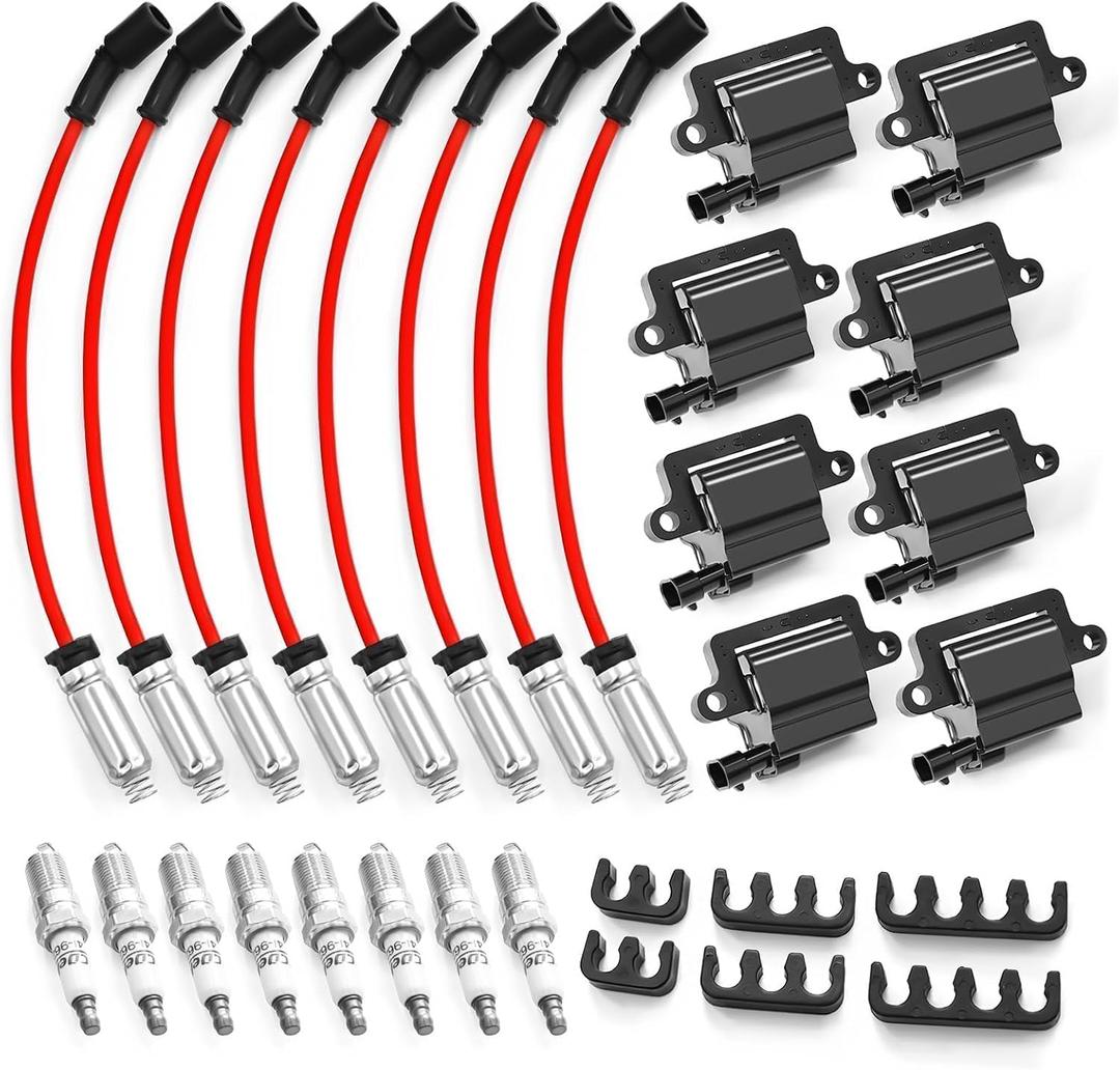 8 Pack Square Ignition Coil D581 UF-271 & Iridium Spark Plug Wire M8-48322R Compatible with Silverado 1500 2500 3500 4.8L 5.3L 6.0L 8.1L 1999-2007 12556893 12558693 12570553 3859078 38590782