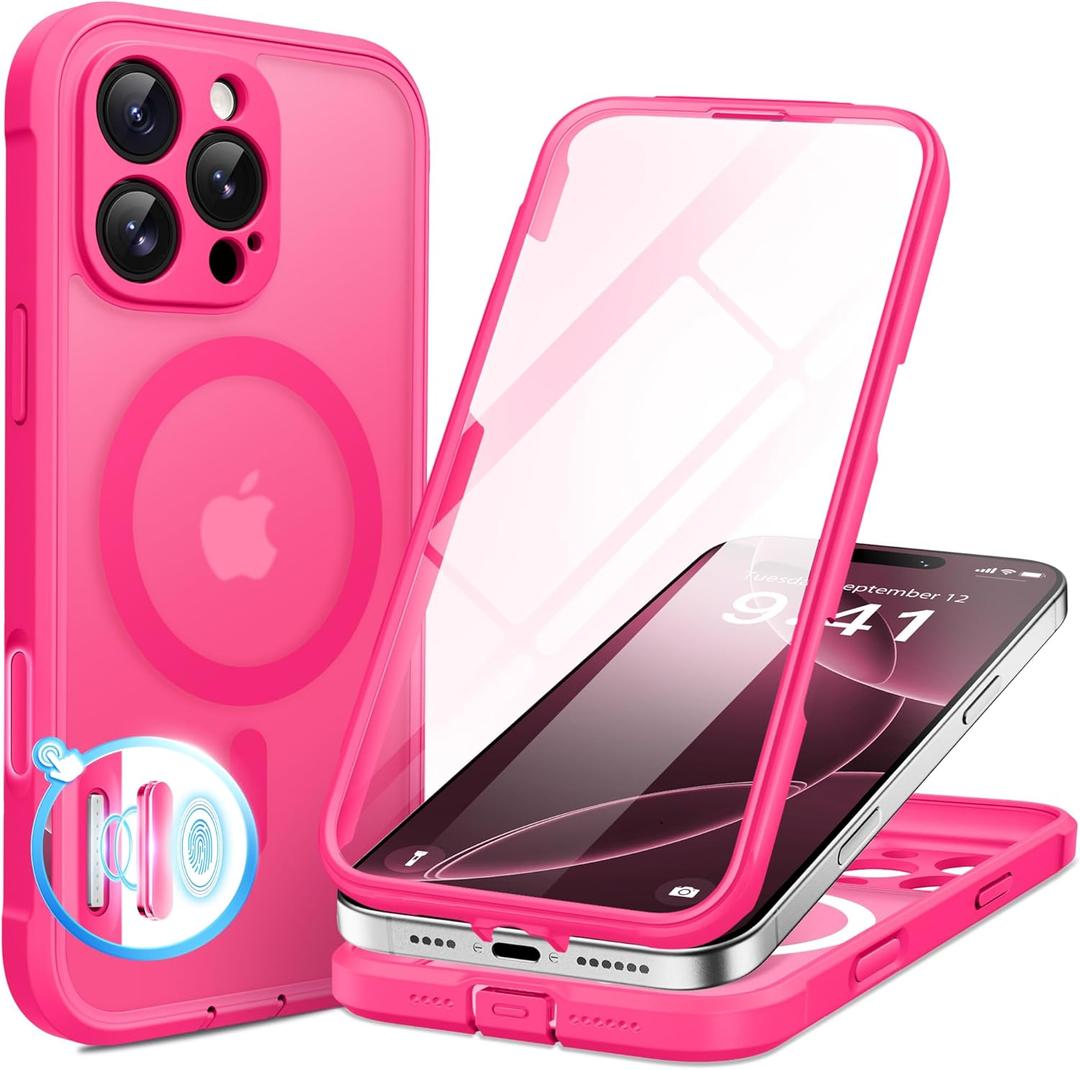 BERFY for iPhone 16 Pro Max Case, Compatible with MagSafe, Built-in 9H Tempered Glass Screen Protector and Camera Protection, Full Body Shockproof Matte Phone case for 16 Pro Max 6.9", Hot Pink