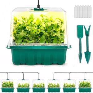 Seed Starter Tray with Grow Light, 6pcs Seed Starter Kits with Light and Adjustable Humidity Domes, Covers Height 3.9", Indoor Seedling Starter Plant Germination Trays (Green-Warm White)