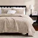 WDCOZY Velvet Queen Size Quilt Set - Beige Striped Pick Stitch Soft Lightweight Bedspread, Neutral Channel Farmhouse Country Rustic Coverlet, Modern Bedding Warm Thin Comforter, 3 Pieces (Queen(90"x92"))