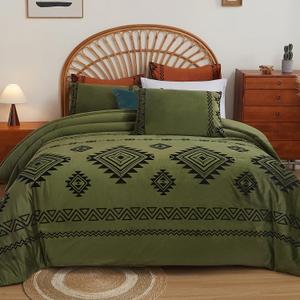 EVENHUG Velvet Boho Comforter Set King Size 3 Pieces Olive Green Cozy Fluffy Bedding Sets with1 Comforter and 2 Pillowcases (104"x90")