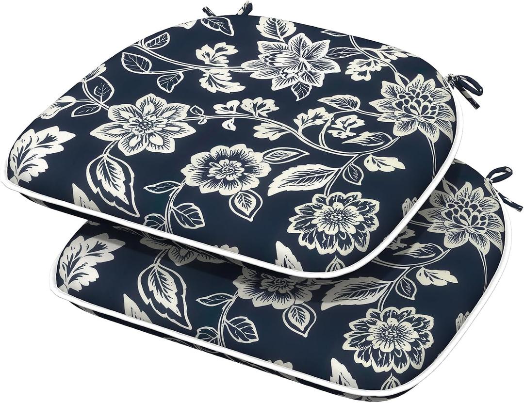 Outdoor/Indoor Chair Cushions with Ties, Waterproof All Weather Seat Cushions for Patio Furniture Home Garden Chair, Set of 2, 16x17 Inch, Elegant Vines Navy