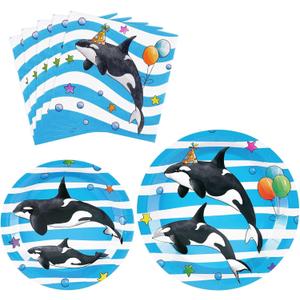 WERNNSAI Orca Party Plates and Napkins - 48 PCS Orca Birthday Party Supplies for Kids Blue Ocean Under the Sea Party Decorations Baby Shower Dinner Dessert Tableware Set Serves 16 Guests