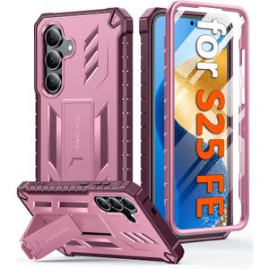 FNTCASE for Samsung Galaxy S25-FE Case: with [Built-in Screen Protector & Kickstand] [Military-Grade Drop Protection] Heavy Duty Protective Full Body Shockproof Rugged Sturdy TPU Phone Cover Pink