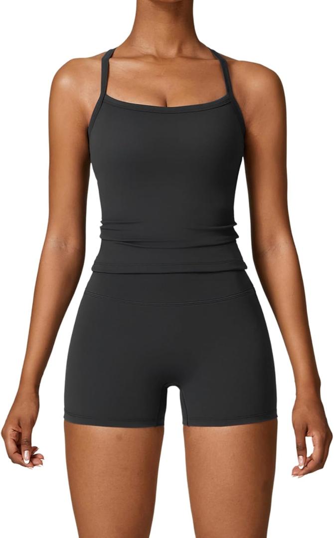 Two Piece Workout Sets For Women Tank Top Matching High Waist Booty Lifting Shorts Gym Yoga Active Wear Outfits (Large, Black)