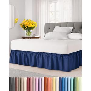 Wrap Around Dust Ruffle Bed Skirt - Navy Blue - for King Size Beds with 21 Inch Drop - Elastic Strap - Adjustable Pleated Bedskirt with Brushed Fabric and Wrinkle Free - for Women, Men, Kids & Teens