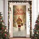 Merry Christmas Door Cover Banner, Winter Xmas Santa Claus Snowy Forest Front Door Cover Seasonal Holiday Party for Porch Entryway Wall Hanging Decoration, 35 * 79 Inch