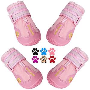 QUMY Dog Shoes for Large Dogs, Medium Dog Boots & Paw Protectors for Winter Snowy Day, Summer Hot Pavement, Water-Resistant in Rainy Weather, Outdoor Walking, Indoor Hardfloors Skid-Resistant Sole, Pink