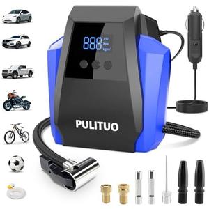 PULITUO Tire Inflator Portable Air Compressor - Car Accessories 12V DC Air Pump for Car Tires with Digital Pressure Gauge, Emergency LED Light for Wheel, Bike, Ball, Motor