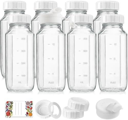 6 Pack 16 Oz Reusable Glass Milk Bottles w 100% Airtight Heavy Duty SCREW Lid & 2 Pour Spouts - Glass Juice Bottles w Capacity Mark - Beverage Drinking Jar Juice Container Breast Milk(Extra 2 Lids)