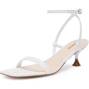 Modatope Kitten Heels for Women Open Square Toe Ankle Strap Sandals Low Heels Dress Shoes for Party (White)