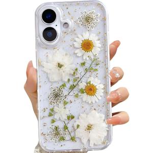 for iPhone 16 Clear Case with Pressed Real Flowers Design,Glitter Cute White Floral Pattern Slim Soft TPU Protective Women Girl's Phone Cover for iPhone 16