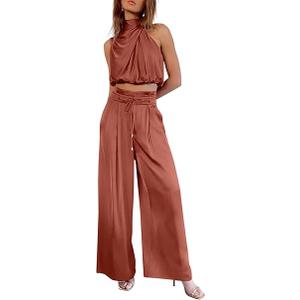 PRETTYGARDEN Women's 2 Piece Outfits 2025 Summer Casual Sleeveless Mock Neck Crop Tops Wide Leg Pants Set
 L
