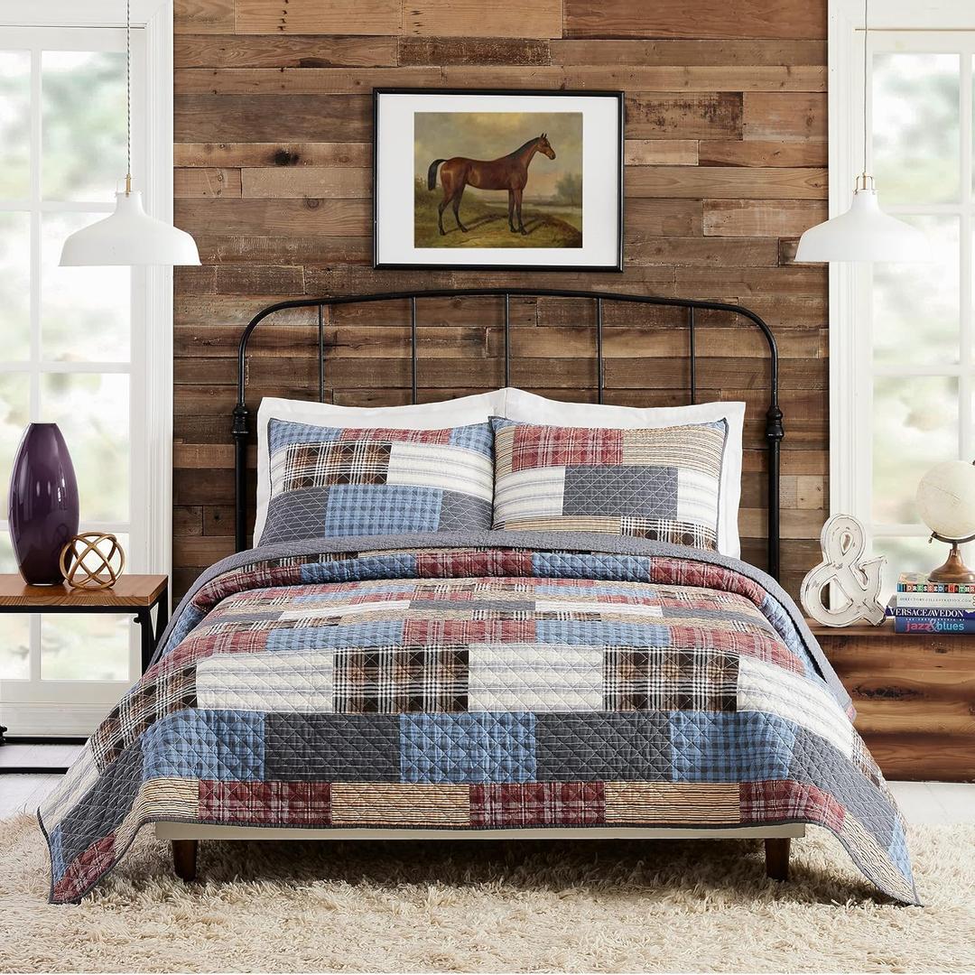 Cabin Patchwork Plaid 100% Cotton 3-Piece Quilt Set, Reversible Lightweight Quilt and Shams, Coverlet Set (King Size, Red/Blue/Beige)