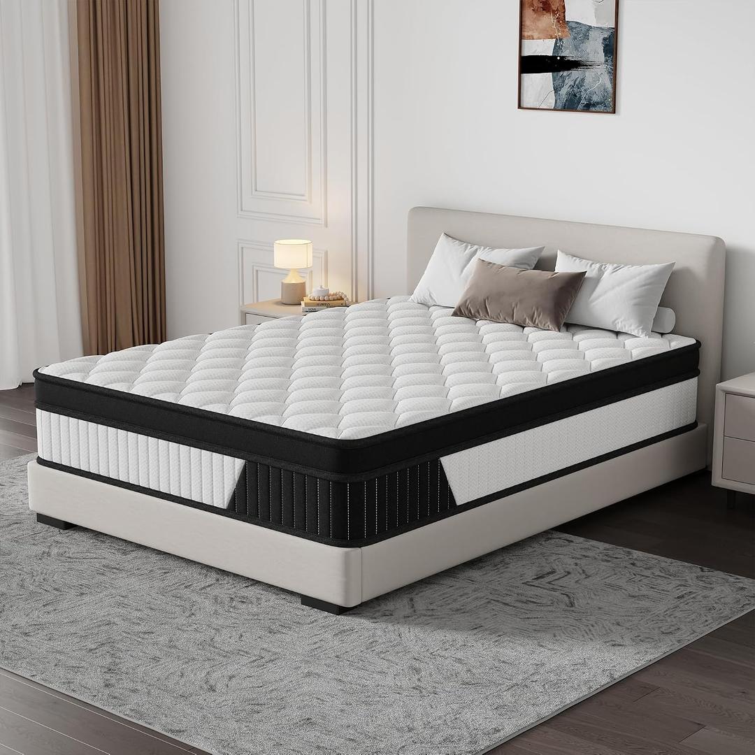 12 Inch Queen Mattress Individually Wrapped Coil Hybrid, Cooling Knitted Cover & Ventilated Foam, Medium Soft with Targeted Body Support, Certified Fire-Resistant, Bed in a Box