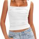 Darong Women's Padded Ruched Tank Tops Built in Bra Summer Double Lined Sleeveless Going Out Crop Tops Shirts (White)