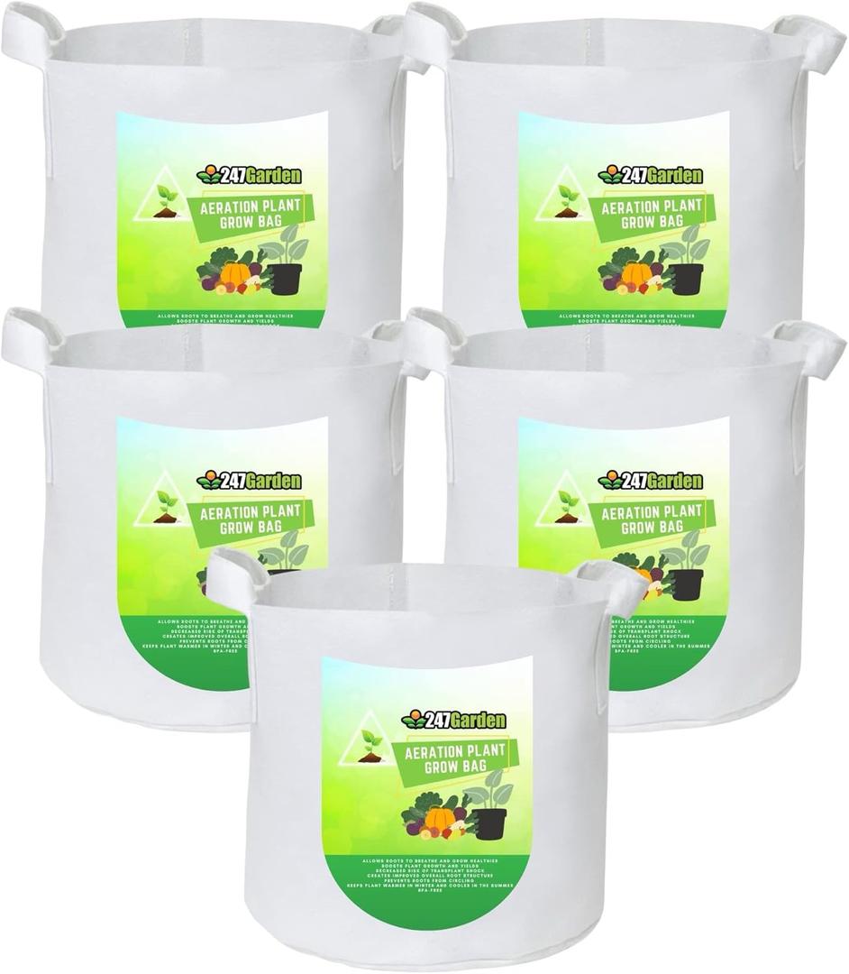 247Garden 5-Pack 30 Gallon Grow Bags/Aeration Fabric Pots w/Handles (260GSM, White, 15.5H x 24D)