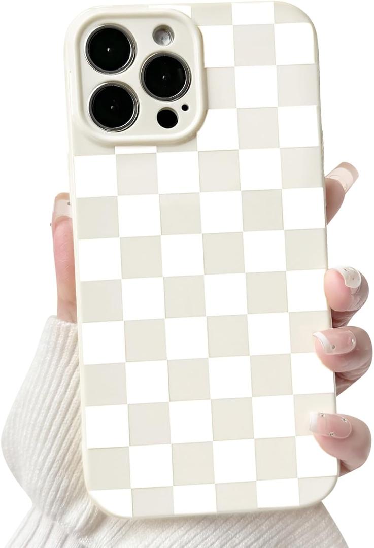 NITITOP Compatible with iPhone 15 Pro Max Case Cute Aesthetic Checkerboard Checkered Pattern for Women Girl Trendy Slim Fit TPU Silicone Shockproof Full Camera Protection Cover - White