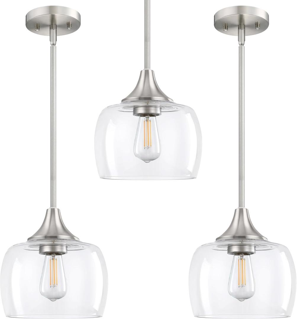 3 Pack 1 Light Semi Flush Mount Ceiling Light Pendant Light Fixture,Modern Handblown 7.3" Clear Glass Shade Classic for Brushed Nickel Finish Farmhouse Entryway Dining Room Kitchen Island