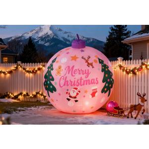 LANGXUN 8ft Pink Christmas Ball Inflatable Outdoor Indoor Decor, Giant Blow Up IP44 Weatherproof Xmas Decorations for Yard, Built-in 7-Color LED Rotating Light for Gardern Lawn Winter Holiday