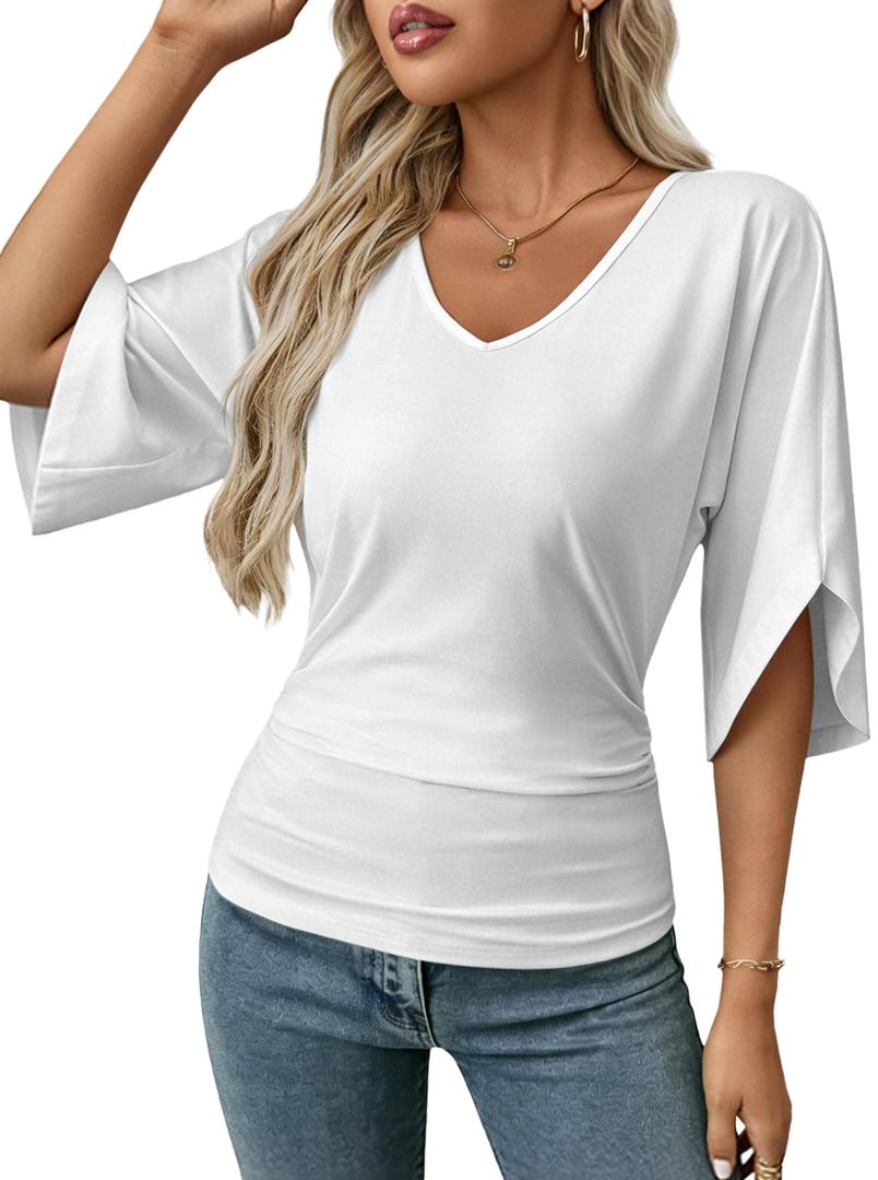 Hilinker Women V Neck Batwing Sleeve Tops Ruched Dressy Summer Business Casual Shirts Blouses XL