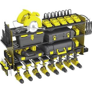 ZEAKOC Power Tool Organizer with Charging Station, 4 Layers 8 Drill Holder Wall Mount,Metal Garage Rack with 10A Power Strip,Tool Shelves with Hooks,Drill Bit Storage, for Men Dad (Green&Black)