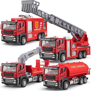 4 Packs Metal Fire Trucks Playsets, Mini Friction Powered Vehicle, Including Fire Engine, Ladder Truck, Die-cast Tank, Tow, Realistic Design for Toddlers Boys, Kids Aged 3+ Years Old